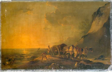 Zee kust met paard en wagen